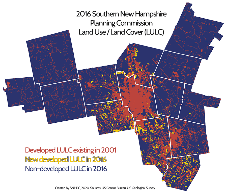 An example map. Map shows developed land use/land cover (LULC) for the Southern New Hampshire Planning Commission in 2001 and new developed LULC in 2016. Most of the new development is along the I-93 corridor or in Bedford.