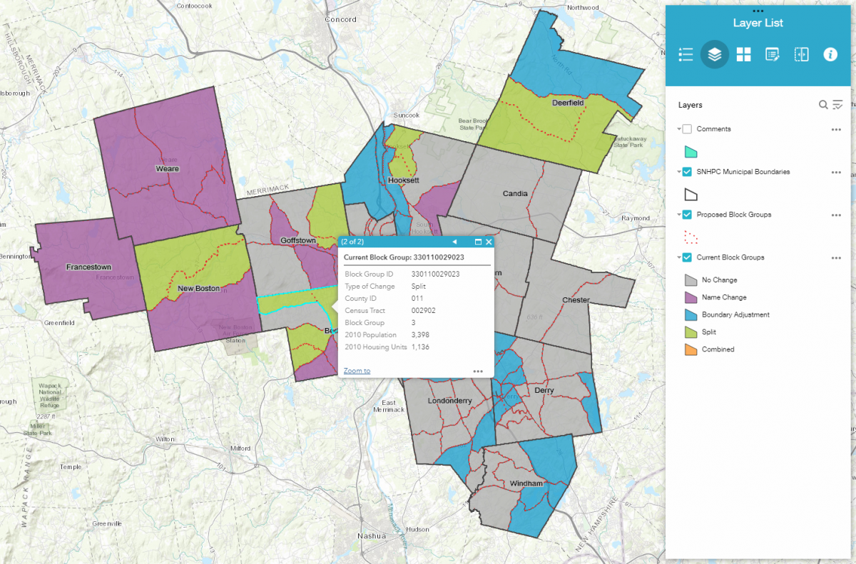 An example web map. This one looks at changes proposed for the region through the Census' Participant Statistical Areas Program.