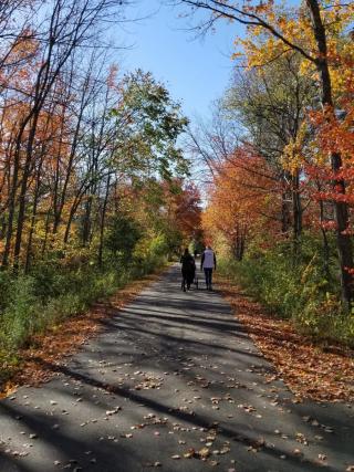 Two women walking on the Londonderry Rail Trail in autumn