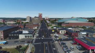 An aerial photo looking north over Elm Street in Downtown Manchester